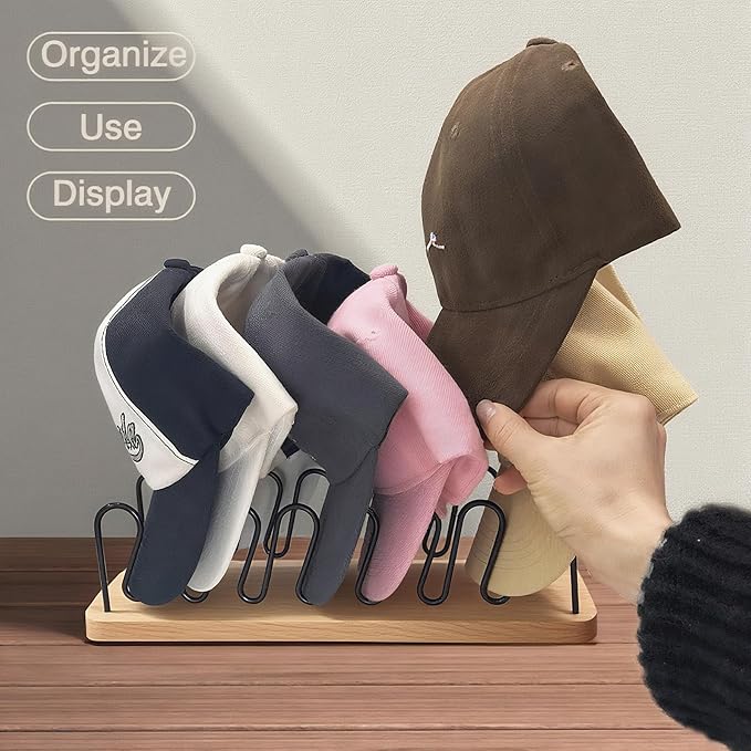 Hat Organizer for Baseball Caps-2 PacK | Wood & Metal Hat Rack Holds 14 for Baseball Caps | Space-Saving Closet Shelf Organizer for Bedroom, Dresser, Entryway