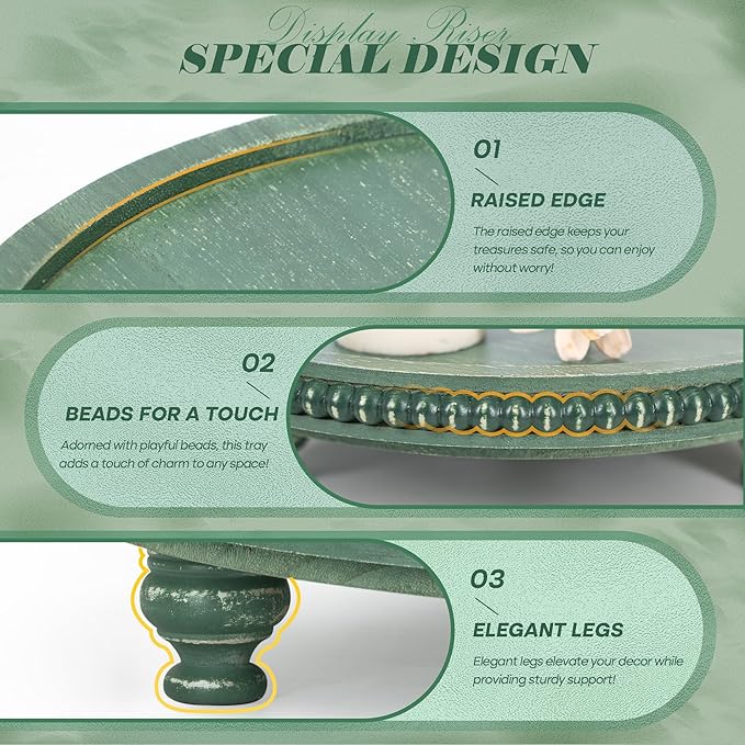 EOSAHR Round Pine Wooden Display Riser - Beaded Wood Riser for Small Plant Stand & Sink Sponge Holder, Perfume Display Stand - Rustic Kitchen Counter Organizer, Boho Chic Room Decor (Green)