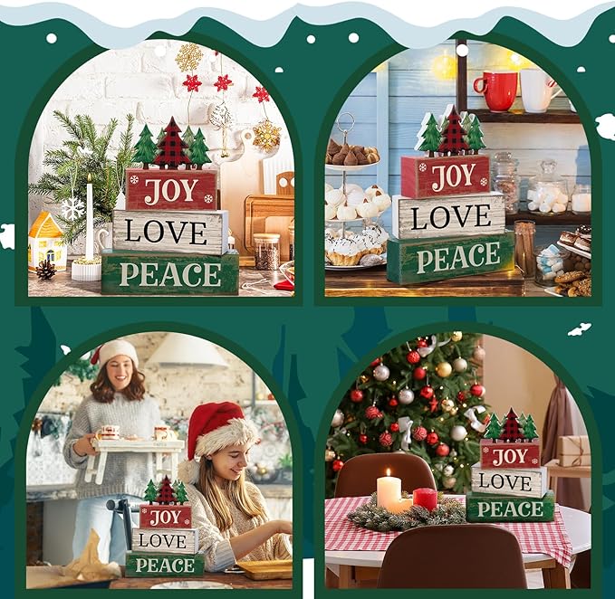 Lineshading 4 Pcs Christmas Table Decor Christmas Tree Centerpiece Joy Peace Love Sign Rustic Decorative Tree Block Signs Gift Winter Tiered Tray Decor Farmhouse for Home Xmas Party Kitchen Shelf
