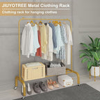 JIUYOTREE Metal Clothing Rack with Wheels 43.3 Inches Rolling Clothes Garment Coat Rack with Bottom Shelf Clothing Rack for Hanging Clothes Coats Skirts Shirts Sweaters Gold