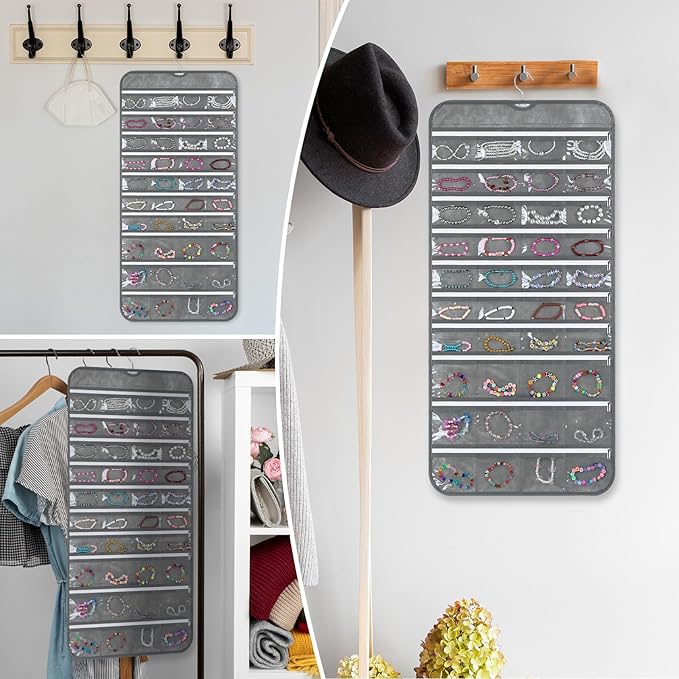 2 Pack Zippered Pocket Hanging Jewelry Organizer Dual-Sided Zipper Jewelry Holder Hanging Storage Organizer for Holding Earrings Bracelets Rings, Each with 80 Zippered Pockets