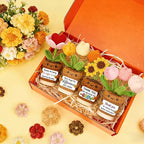 4 Pcs Thank You Gifts for Women, Positive Crochet Sunflower Tulip Heart Potted Plant Flower Dolls with Card Wooden Stands and Box, Teacher Employee Appreciation Gifts, Mothers Day, Birthday Gift