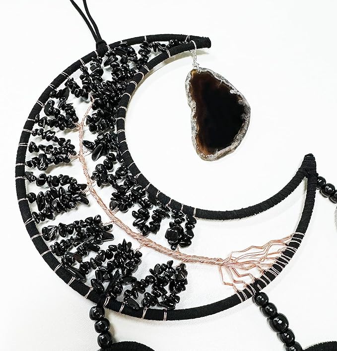 Large Dream Catcher,Moon Dream Catchers with Chakra Gemstone Agate Stone,Black Crystal Tree of Life Dream Catcher,Dream Catchers for Adults,Boho Bedroom Decor (Black Natural Gem Agate)