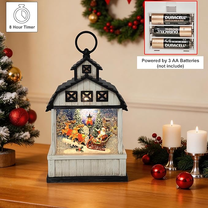 11-Inch Lighted Barn Lantern Swirling Water Glitter Globe with Santa Sleigh Scene, Battery Operated, 8H Timer, Holiday Sparkling Gift and Indoor Christmas Home Décor (Barn)