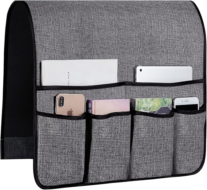 Sofa Armrest Organizer Non-Slip Arm Chair Hanging Caddy Remote Control Holder for Magazine,Tablet, Phone, Books, Glasses (B-Grey(19'')