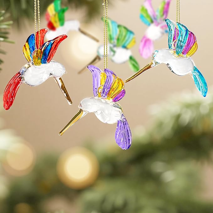 6Pcs Hand Blown Glass Hummingbird 1.3''*2.7'' Small Hanging Ornaments Crystal Humming Bird Figurines Collectible Decor for Home
