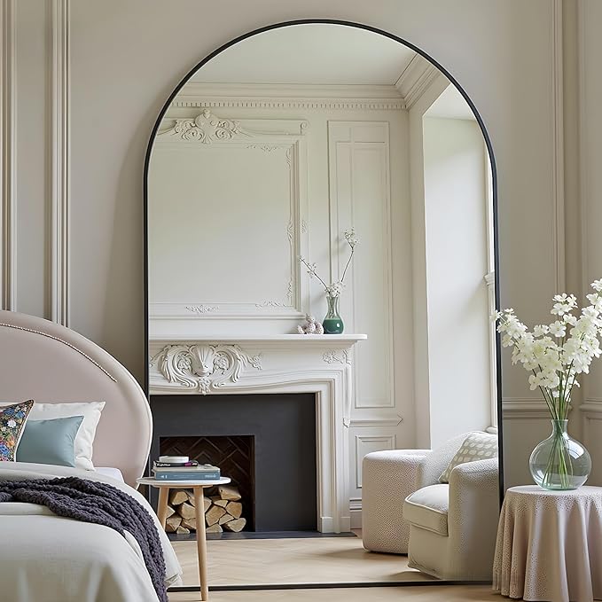 Prywot Full Length Mirror, Oversized 86"x46" Arched-Top Floor Mirrors, Modern Full Body Mirrors with Stand, Wall Mirror with Aluminum Alloy Frame for Bedroom,Living Room, Black