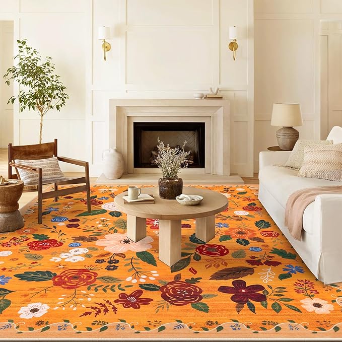 U'Artlines 8x10ft Fall Colorful Floral Area Rug Machine Washable Ultra Soft Low Pile Non Slip Non Shedding Accent Floor Carpet for Living Room, Bedroom, Dining Room, Office (Orange)
