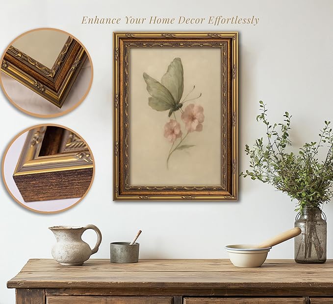 Vintage Gold Framed Wall Art, Retro Butterfly and Pink Flower Oil Painting Canvas Prints, Beige Insect Picture, Rustic Farmhouse Moth Cottagecore Poster Artwork for Living Room Bedroom Bathroom