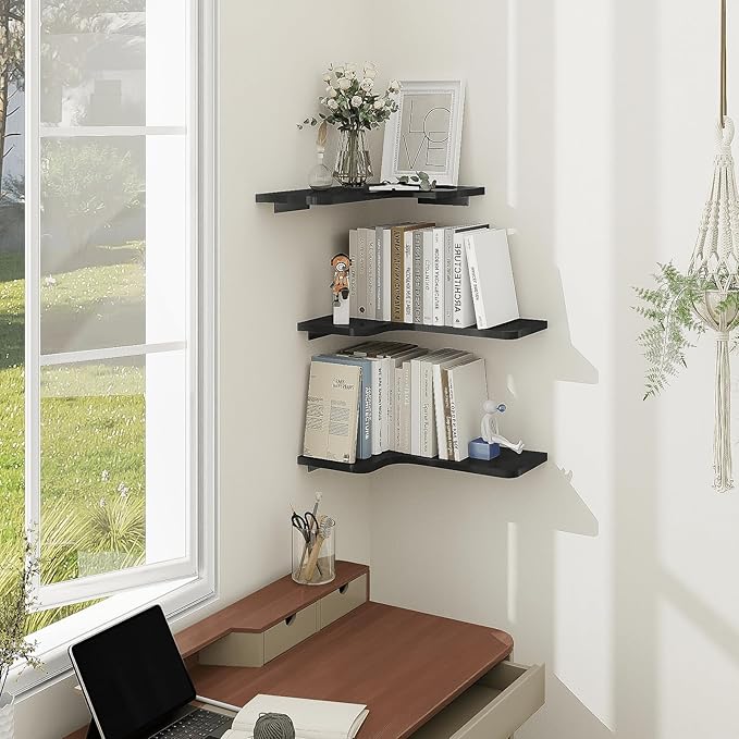 Homode Corner Shelves Wall Mounted, Set of 3 Floating Corner Shelves with Cord Hole, 3 Tier Wooden Hanging Display Shelf for Bathroom Kitchen Living Room, Black
