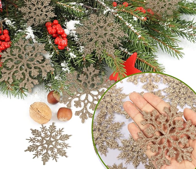 36pcs Christmas Champagne Gold Snowflake Ornaments Plastic Glitter Snow Flakes Ornaments for Winter Christmas Tree Decorations Size Varies Craft Snowflakes
