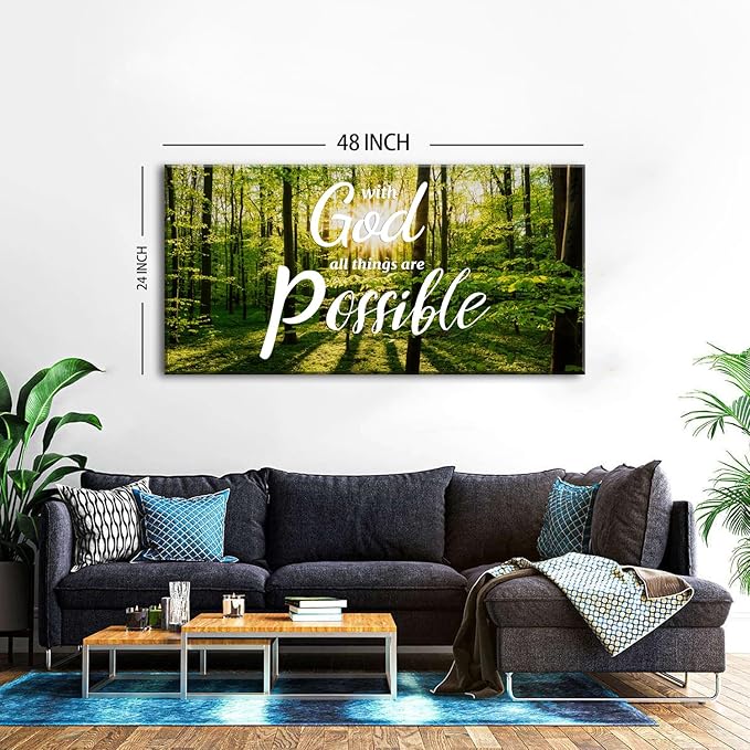 Christian Wall Art Nature Forest Pictures Wall Decor With God All Things are Possible Sign Canvas Prints Bible Scripture Poster Nature Religious Artwork for Living Room Bedroom Home Decoration 24x48"