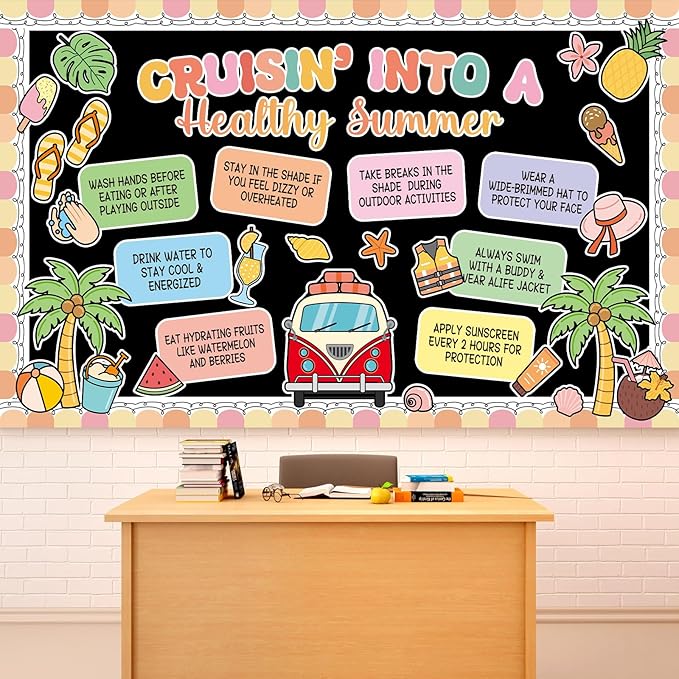 Retro Summer Beach Bulletin Board Set Groovy Hawaii Beach Classroom Decorations Cruisin' Into A Healthy Summer Tropical Classroom Paper Cutouts for Back to School Chalkboard Wall Teacher Supplies
