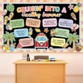 Retro Summer Beach Bulletin Board Set Groovy Hawaii Beach Classroom Decorations Cruisin' Into A Healthy Summer Tropical Classroom Paper Cutouts for Back to School Chalkboard Wall Teacher Supplies
