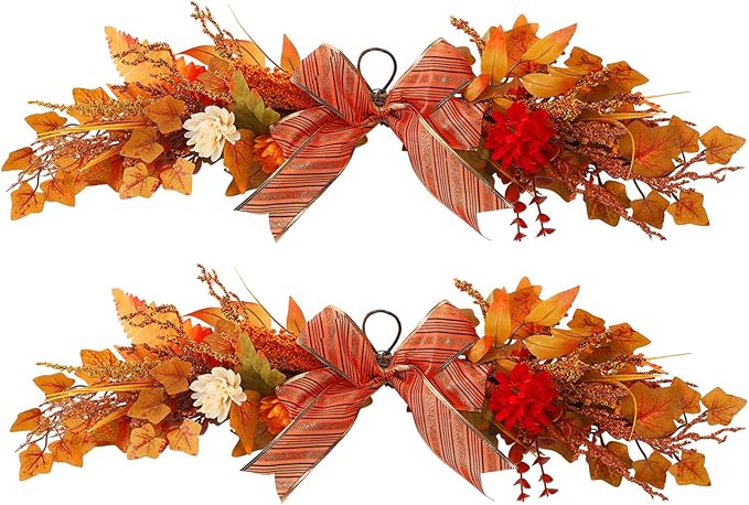 2 Pcs Artificial Maple Swags Wreaths, 25.9 Autumn Harvest Floral Swag, Fall Wall Hanging Garland with Maple Leaves for Thanksgiving Front Door Decoration