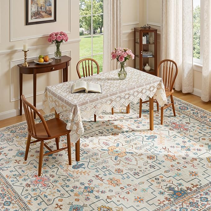 Lessymo Washable 9x12 Area Rug for Living Room, Large Rugs for Bedroom Dining Nursery Room, Soft Non-Slip Vintage Floral Oushak Carpet, Boho Colorful Pastel Farmhouse Decor, Multi/Ivory