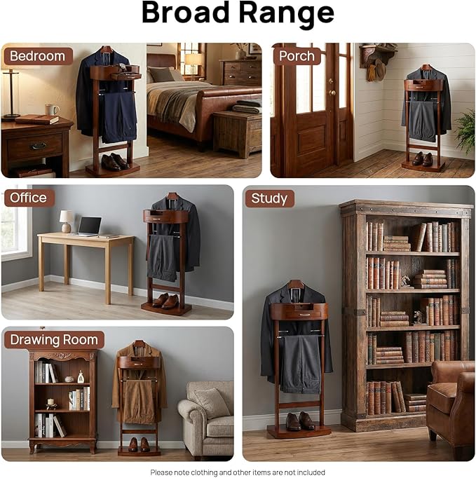 Valet Stand, Wood Suit Rack for Man and Women Freestanding Clothing Suit Stand with Drawer Top Tray Trouser Holder 22 lbs Capacity Coat Stand for Entryway Office Living Room (Brown)