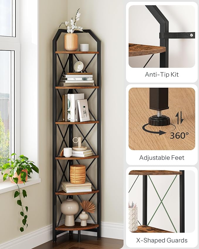 CHOEZON 6-Tier Corner Shelf, Industrial Corner Bookshelf, 71.2" Corner Storage Stand, Plant Stand Display Shelf, Corner Bookcase for Bedroom, Living Room, Home Office, Rustic Brown and Black TCJ11BF