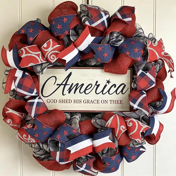 4th of July Decorations Outdoor Patriotic Wreaths for Front Door 250th Anniversary Decorations Red White and Blue American Flag Wreath (America 2)