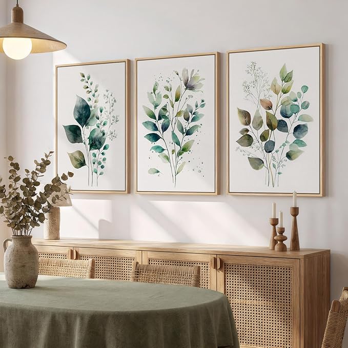 Framed Green Botanical Wall Art for Living Room, 3 Piece Neutral Minimalist Watercolor Leaf Canvas Painting Prints, Modern Farmhouse Boho Sage Green Plant Artwork for Bedroom Kitchen Wall Decor