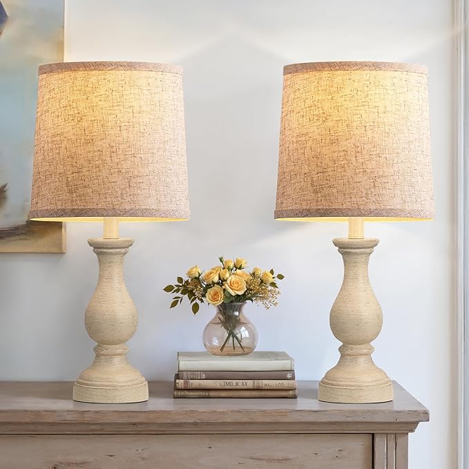 Seealle Farmhouse Table Lamps Set of 2 - Rustic Lamp for Bedroom Living Room, 22" Boho Bedside Lamps for Night Stands End Table Office Desk Lamp Nightstand Clearance with Linen Shades(Antique White)