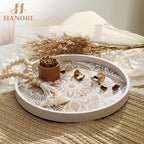Hanobe Decorative Serving Tray Round: Farmhouse Coffee Table Decor Boho White Mandala Trays for Living Room Kitchen Bathroom Display