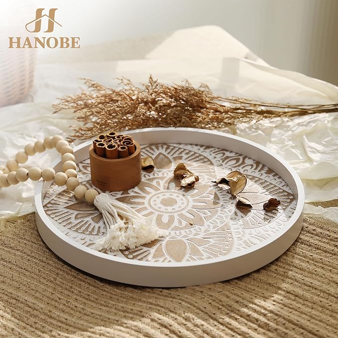 Hanobe Decorative Serving Tray Round: 2Pcs Farmhouse Coffee Table Decor with White Boho Bead Garland - Mandala Trays for Living Room Kitchen Display