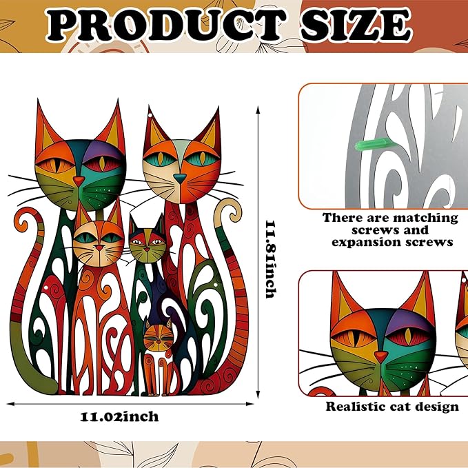 Wesiti Cat Wall Art Decor Iron Wall Sculptures Decor for Cats Lover 11 x 11.8 Inches Colorful Mid Century Cat Retro Signs for Home Living Room Bedroom Kitchen Office(Vintage-chic)