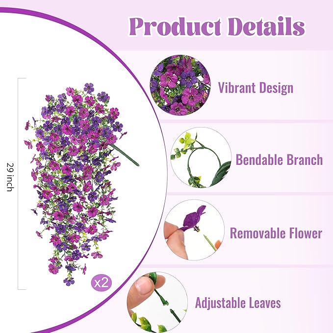 2Pcs Fake Hanging Flowers for Outdoor Decoration Artificial Hanging Flowers Realistic Daisy Plants UV Resistant, Faux Silk Flower for Porch Patio Window Sill Outside Decor(Purple Deep Purple)