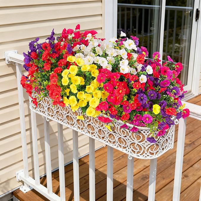 Artificial Flowers for Outdoors Decoration, 12 Bundles Fake Plastic Flower Plant, Faux Colorful Silk Morning Glory Petunias for Spring Summer Outside Garden Porch Front Door Decor, Six Mixed