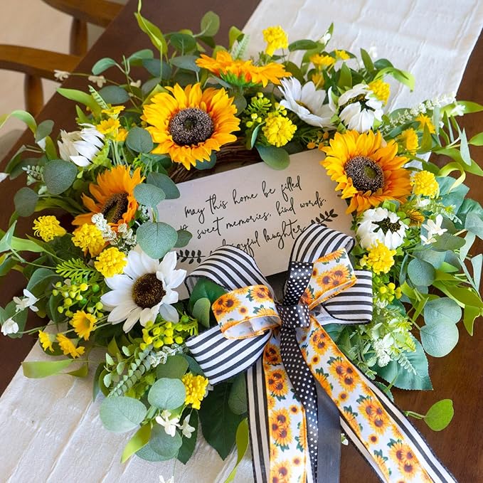 Spring Wreaths for Front Door 24 Inch Handmade Spring Summer Wreath with Artificial Sunflowers,Welcome Message Sign & Elegant Bow and White Yellow Daisy Wildflowers for Home,Porch&Gift Giving