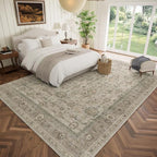 Washable 10x14 Area Rugs for Living Room, Boho Non-Slip Vintage Distress Large Rugs for Bedroom Dining Room Office, 0.3" Neutral Oriental Throw Thin Carpet, Flaxen/Brown/Multi