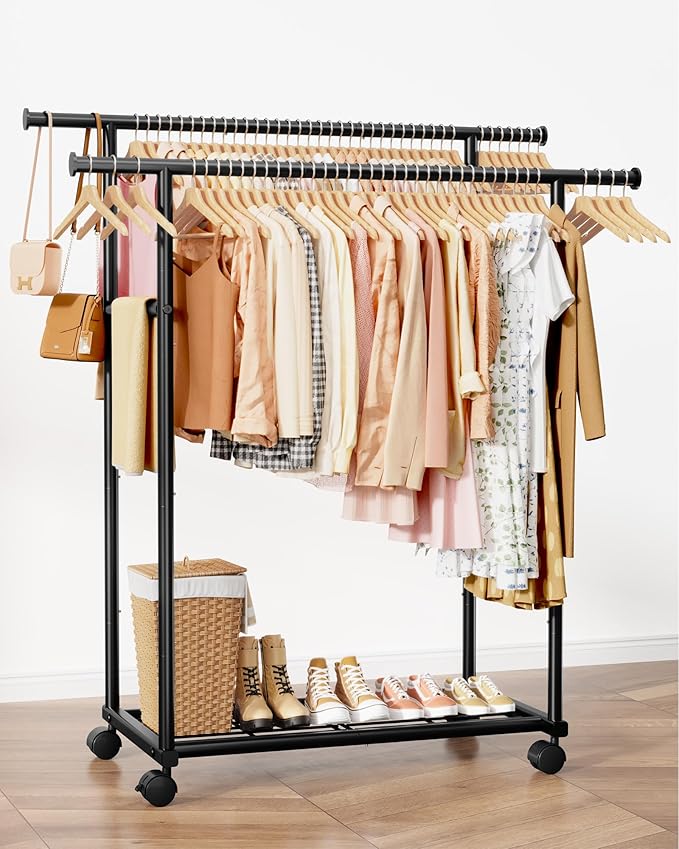 Metal Clothes Rack - Double Rod Clothing Rack with Fixed Design and Rolling Wheels, Coat Rack with Built-In Shelf for Closet Organizers and Storage (45.6" x 16.9" x 61.0", Black)