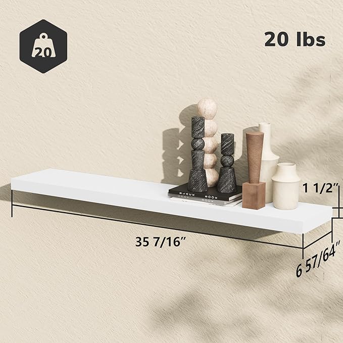 BAMEOS Floating Shelves, 35 in W x 7in Wide Display Shelf with Invisible Brackets, Set of 2 | Gallery Wall & Accent Décor Shelf for Bedroom, Living Room & Entryway White