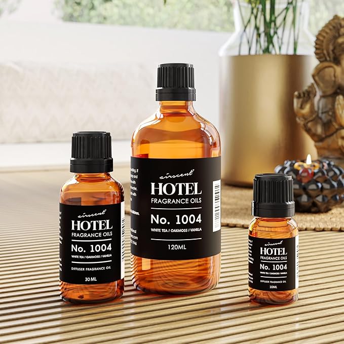AirScent Hotel Diffuser Oil No. 1004 - White Tea, Oakmoss and Vanilla - Premium Fragrance Oil for Ultrasonic and Waterless Diffusers and Crafting - 10 mL, .34 fl oz Glass Dropper Bottle
