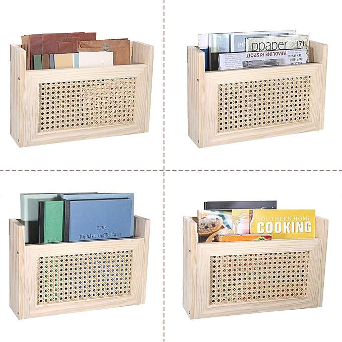 BTSKY Wooden Hanging Magazine Rack, Wall Mounted Magazine Holder Modern Rattan Hollow-out Design Mail Organizer, Assembly File Holder Letter Holder Wall Rack for Home & Office - 15x4x9.9 Inch