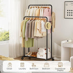 Delamu Clothes Rack, Double Rods Clothing Rack for Hanging Clothes, Metal Garment Rack with Rolling Wheels, Portable Wardrobe Closet Rack for Coat, Bedroom, Laundry, Black