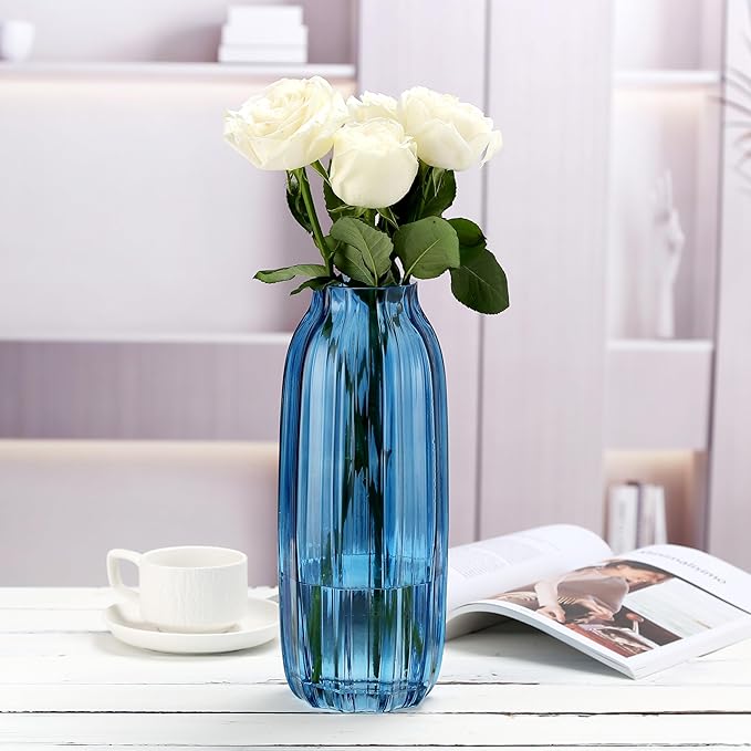 Blue Glass Vase for Flowers Bud Tall Glass Vases,H-12.0" Simple Striped Design for Home Floor Decor,Farmhouse Decor, Centerpiece Coffee Table Decorations (Blue 12.0IN)