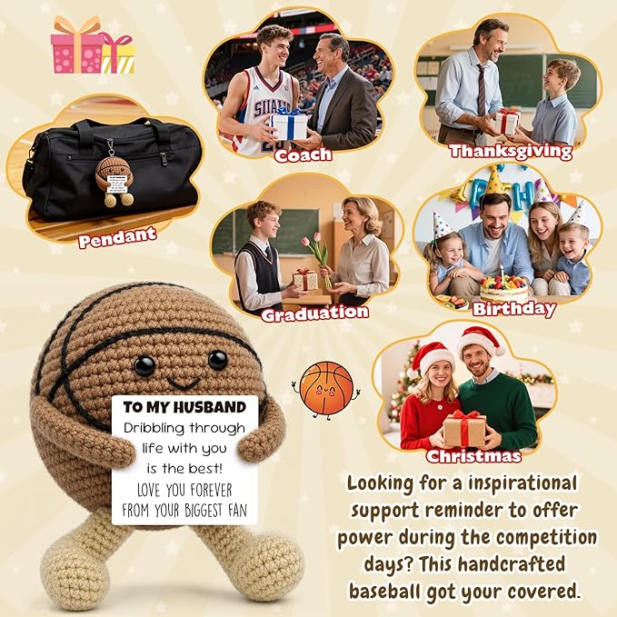 Anniversary Romantic Gifts for Husband Boyfriend, Handcrafted Crochet Basketball Keepsake, Sports Man Cave Desk Decor Room Accessories, Unique Funny Birthday Present for Him Men from Wife