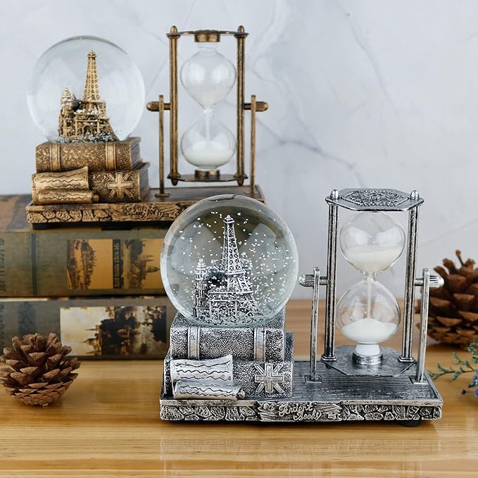 LED MusicCrystal Snow Globe， Sand Timer ，Hourglass,Home Decor,Table Decor for Living Room ，Office Desk Decorations[ Silver Tower]