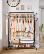 Homde Heavy Duty Clothes Rack: 265lb Rolling Double Rod Garment Hanging - Metal Coat Organizer Storage Display Shelf on Wheels for Bedroom Laundry