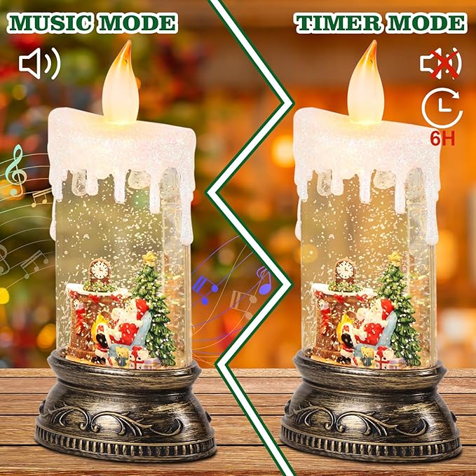 Eldnacele Christmas Music Snow Globe Candle Lamp with Timer Battery Operated & USB Powered Lighted Santa Christmas Tree Fireplace Scene Singing Spinning Water Glitters Xmas Decorations