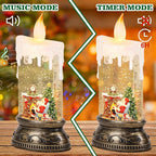 Eldnacele Christmas Music Snow Globe Candle Lamp with Timer Battery Operated & USB Powered Lighted Santa Christmas Tree Fireplace Scene Singing Spinning Water Glitters Xmas Decorations