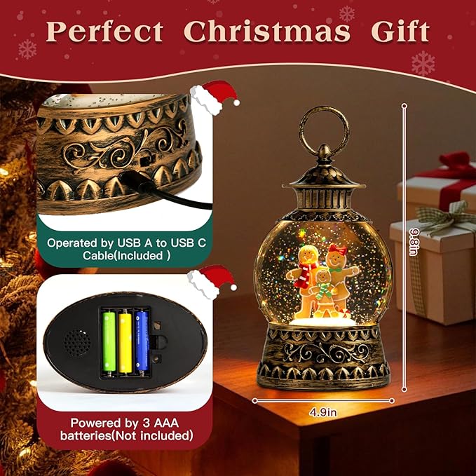 Christmas Snow Globe,Gingerbread Man Musical Snow Globe Lantern Lights with 6H Timer Battery & USB Powered, Retro Style Holiday Glitter Globe for Xmas Home Decoration Holiday Party Gifts