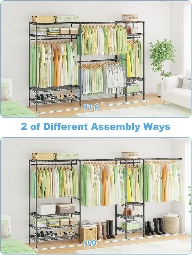 Ulif E11 Heavy-Duty Garment Rack, Metal Freestanding Clothes Rack and Closet Storage Organizer System with 8 Shelves and 4 Hanger Rods, (73.2-97.6)" W x 14.5" D x 71.2" H, Load 1034 LBS, Black