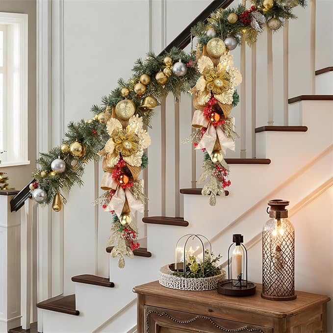 Gold Christmas Swag with Glitter Flowers, Ornaments, Pinecones and Ribbon Bow – 25.6" Teardrop Swag Christmas Front Door Decor Artificial Wall Door Hanging Holiday Decoration