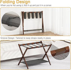 Bamboo Luggage Rack for Guest Room, 26.77" Folding Wide Suitcase Stand with Fabric Storage Shelf, Thickened Luggage Stand Holder for Bedroom Hotel, Luggage Rack for Suitcases (1 Pack - Brown)