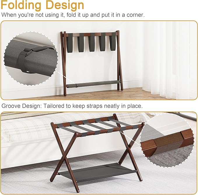Bamboo Luggage Rack for Guest Room, 26.77" Folding Wide Suitcase Stand with Fabric Storage Shelf, Thickened Luggage Stand Holder for Bedroom Hotel, Luggage Rack for Suitcases (1 Pack - Brown)