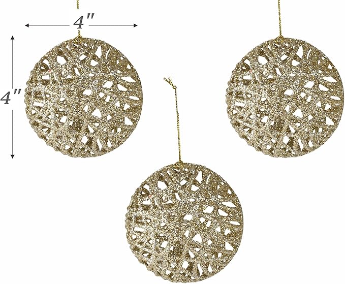 Christmas Traditions 4 inch Champagne Gold Glittered Rattan Ball Ornaments Hanging Tree Decorations (Set of 6) (Champagne Gold)