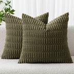 MIULEE Pack of 2 Spring Corduroy Decorative Euro Sham Throw Pillow Covers 24x24 Inch Soft Boho Striped Pillow Covers Modern Farmhouse Home Decor for Summer Sofa Living Room Couch Bed Olive Green